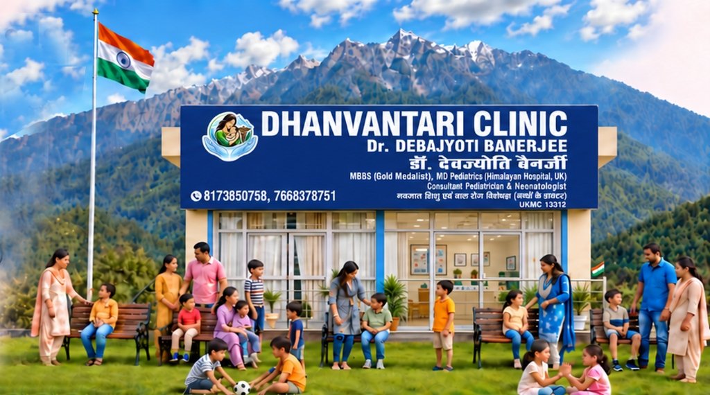 Dhanvantari Clinic — Dr. Debajyoti Banerjee's Pediatric Clinic with Himalayan Hills backdrop, Dehradun