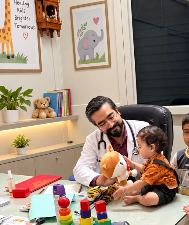 Dr. Debajyoti Banerjee Consulting a Child Patient at Dhanvantari Clinic