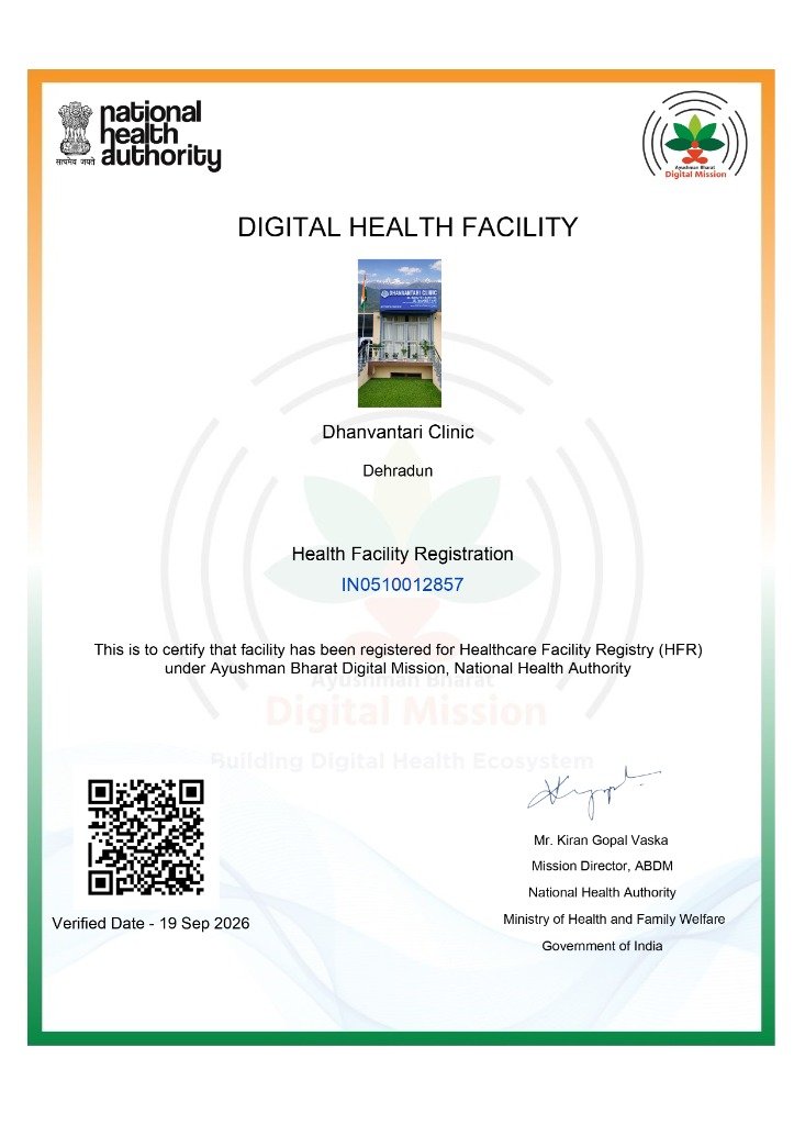 Dhanvantari Clinic Digital Health Facility Registration Certificate — HFR ID IN0510012857 issued by National Health Authority under Ayushman Bharat Digital Mission
